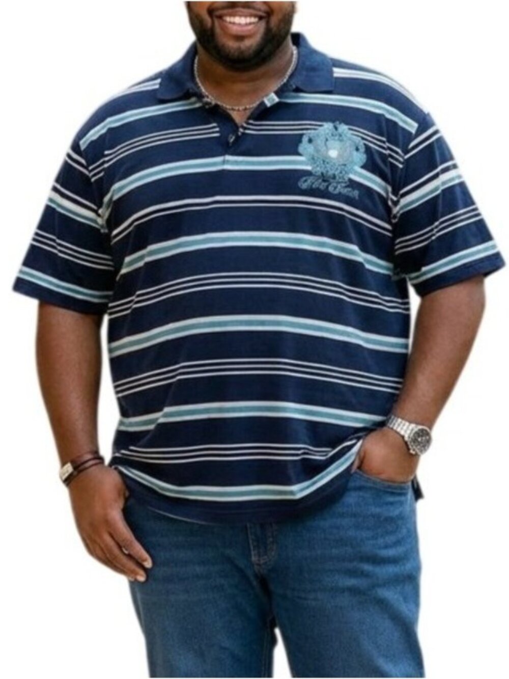 Phat Classic Mens Size 5X Polo Shirt Navy Blue & White Striped Short Sleeve